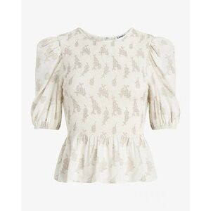 Linen-Blend Floral Smocked Puff Sleeve Peplum Top | Rose Floral Print | White